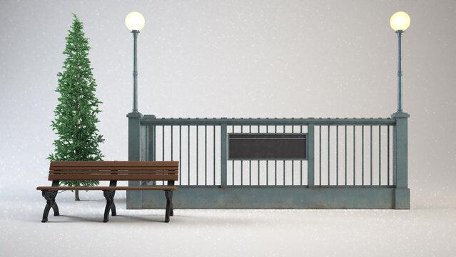Snowy scene park bench metal fence green evergreen tree bright lamp posts.