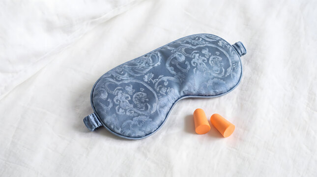 Blue patterned silk sleep mask and orange earplugs resting on white fabric