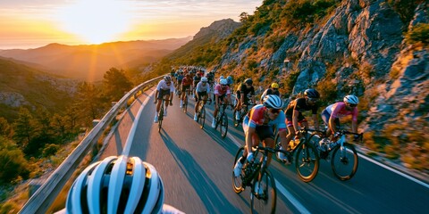 Fototapeta premium A peloton of professional cyclists riding fast on a scenic mountain highway during a beautiful golden hour sunset.