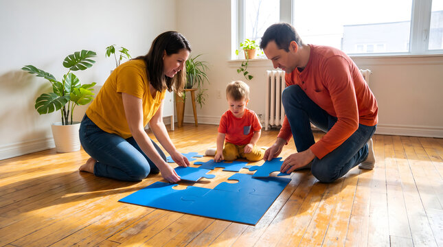 Parents and toddler playing puzzle game together on wooden floor indoors with natural light
