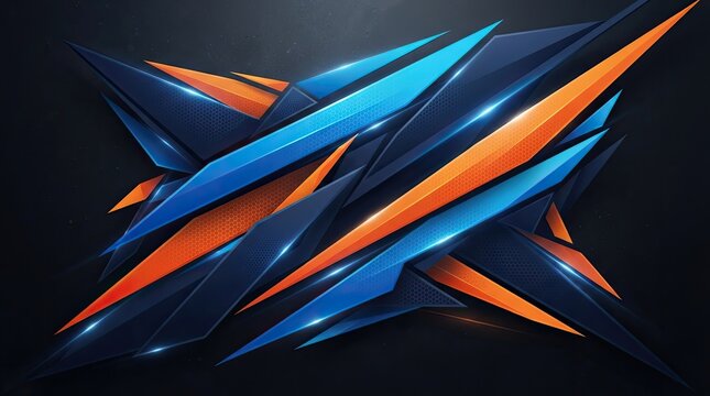 Blue and orange geometric shards on dark background.