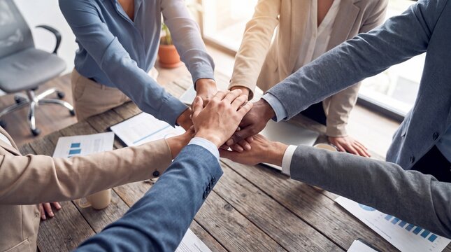 Diverse business team stacking hands together to show unity and success in office