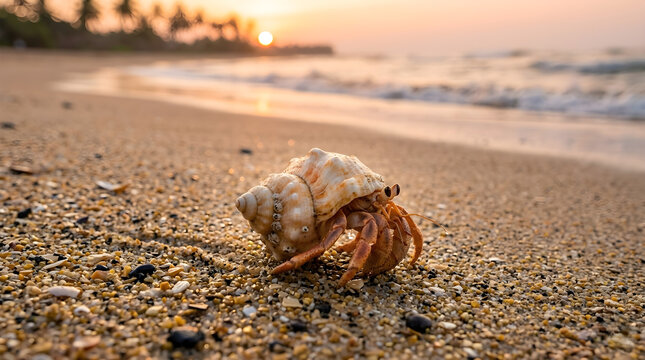 A small hermit crab crawls along the sandy beach shoreline during a beautiful golden sunset by the ocean.