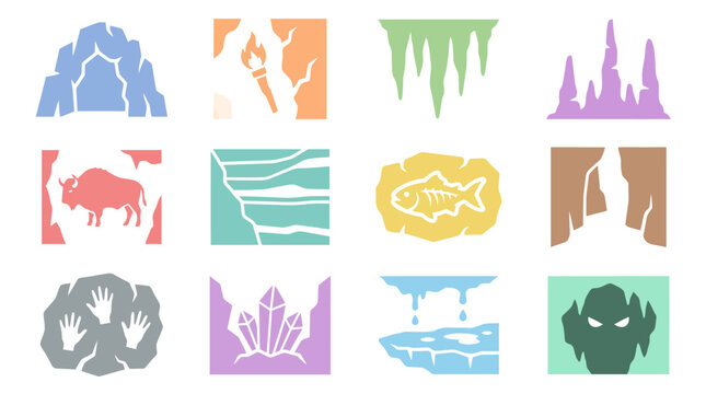 Prehistoric cave and ancient archaeology icons