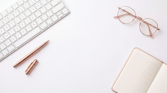 Minimalist modern desk workspace with keyboard notebook and rose gold accessories on white background