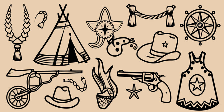 Western Cowboy Symbols And Items Black Line Vector Illustration