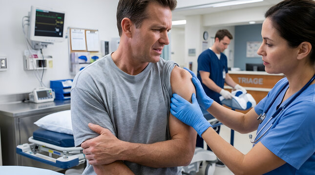 A male patient winces in pain as a female nurse wearing blue scrubs and gloves examines a swollen bump on his upper arm in an emergency room setting.