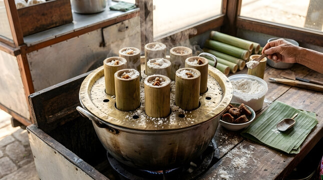 A close-up view of traditional Indonesian putu cakes being steamed inside small bamboo tubes on top of a hot metal pot.