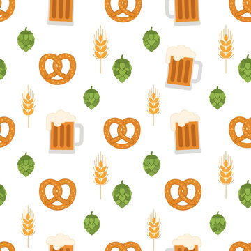 Seamless pattern for Oktoberfest with beer glasses, pretzels, wheat, and hops