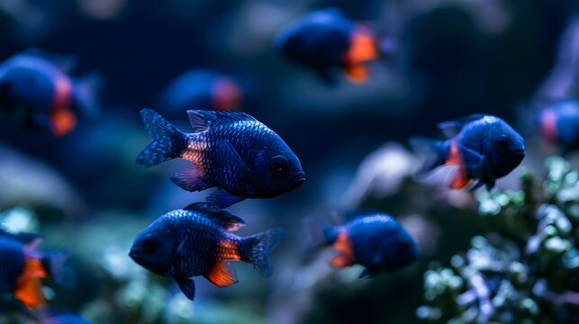 A school of small blue fish with orange fins swim gracefully through a dimly lit underwater environment