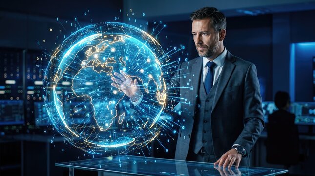 Futuristic digital globe hologram with businessman, global network connection and data visualization, high-tech cybersecurity and international logistics concept