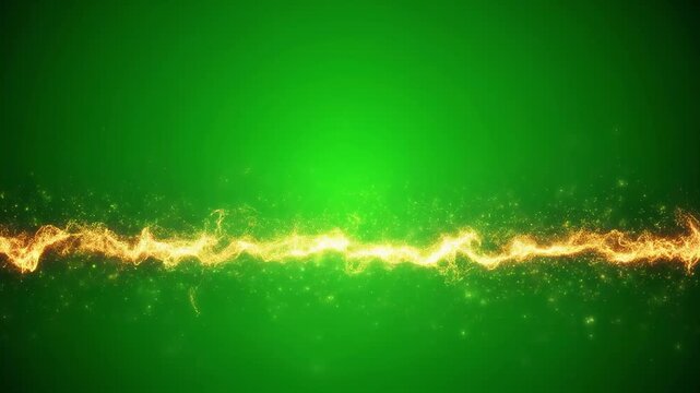 Golden Electric Sparking Energy Line Across Green Screen Background with Subtle Particle Effects