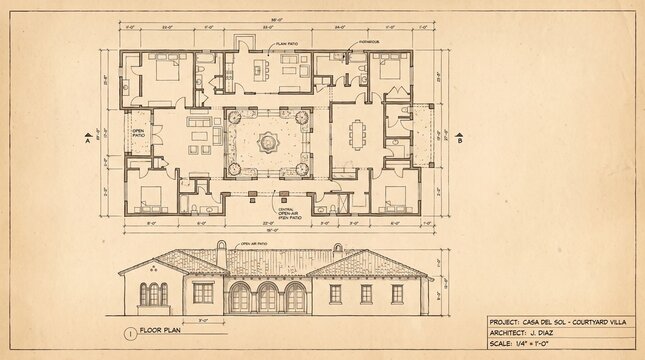 Courtyard Villa Floor Plan and Elevation Blueprint