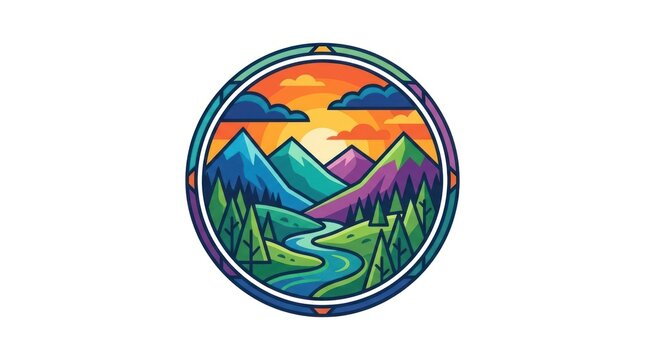 Stylized Mountain Landscape with River and Forest