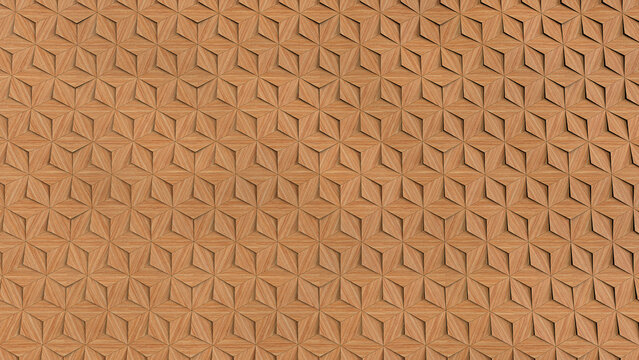 Seamless top view 3D rendering of natural wood geometric star tessellation texture. Architectural decorative wooden panel background for interior design, carpentry, and wallpaper.