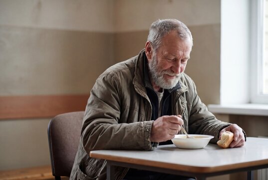 Senior man eating soup poverty charity concept emotional portrait