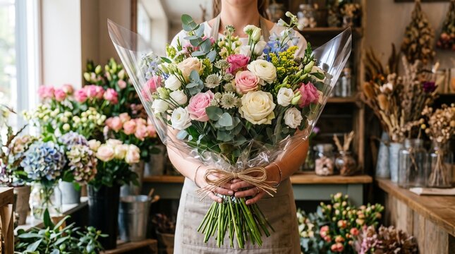 Florist holding a beautiful bouquet of fresh flowers