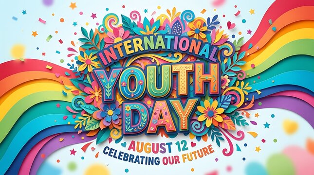 International Youth Day celebration with colorful rainbow and floral vector illustration