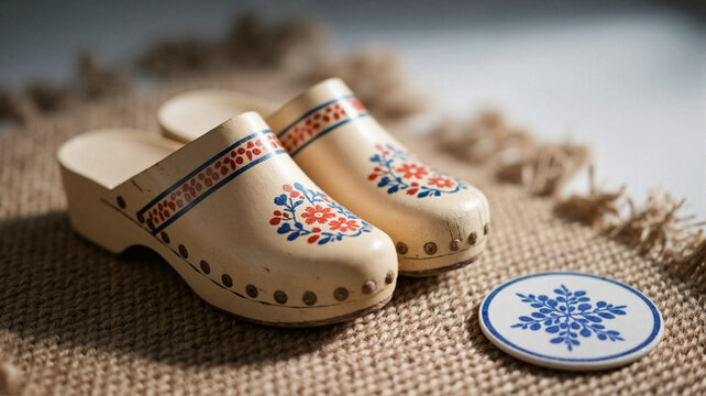 Traditional wooden clogs with floral design on burlap background  