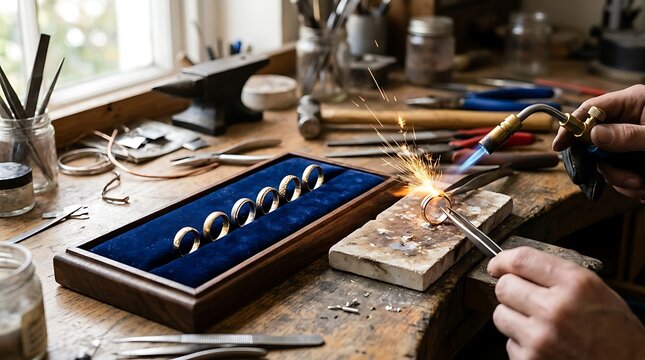 Artisan jeweler crafting a gold ring with a blowtorch on workbench