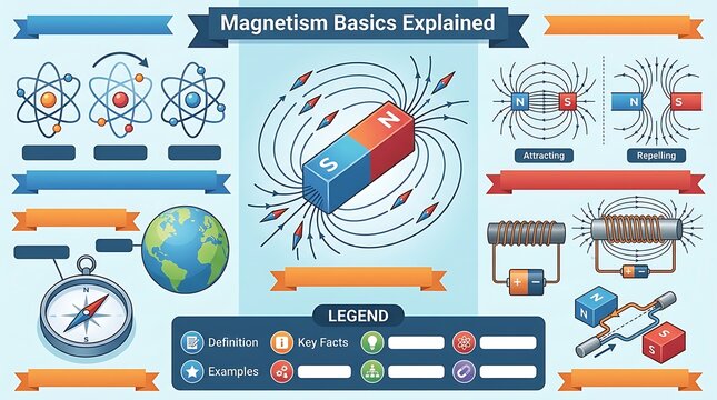Educational infographic showing magnetism principles and magnetic fields
