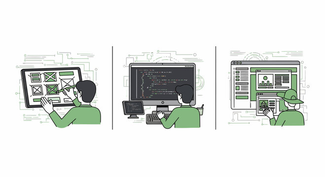 Flat design illustration of software development lifecycle phases including interface design and programming and final web testing