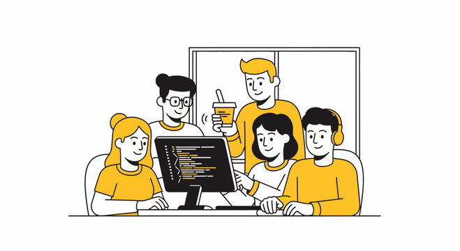 Professional software development team working together on computer coding project in modern office environment with various tech specialists