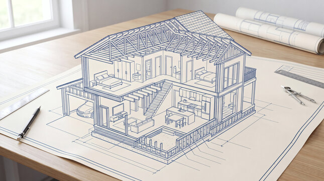 Blue line house architectural model and blueprints on wooden table
