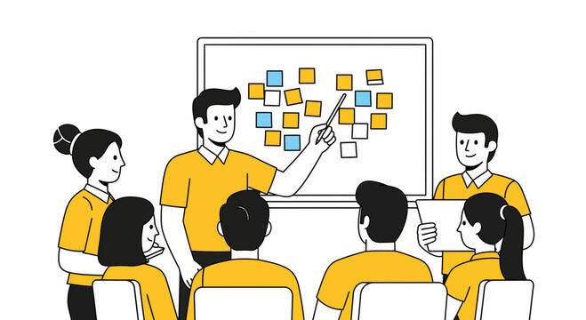Team plan work group talk idea note board office staff meet task list now aim goal
