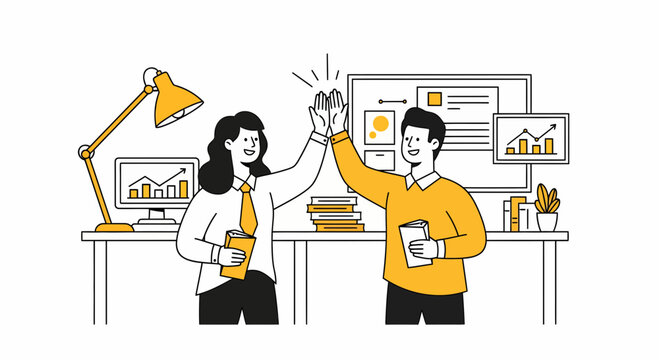 Successful team high five office work goal win job career task done group unity joy