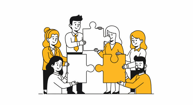 Professional business team working together to solve large puzzle pieces and find the perfect fit for success