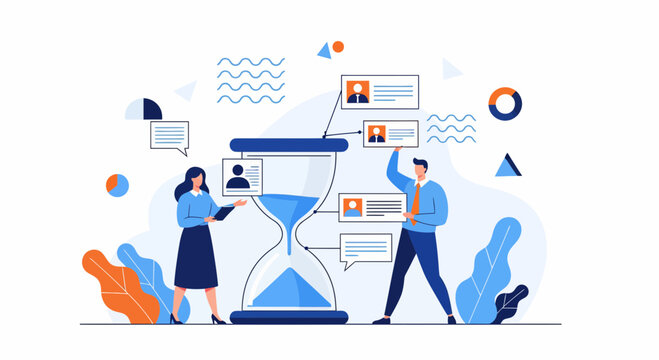 A team of men and women work on time for big goals and more success