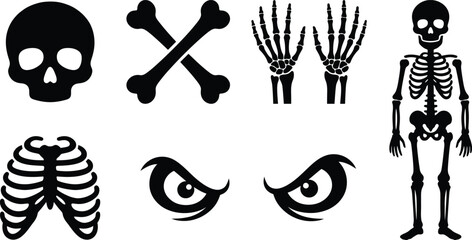 Naklejka premium Collection of black silhouette related to human anatomy and skeletons, including skulls, bones, hands, and rib cages, isolated on a white background, for medical or, spooky projects