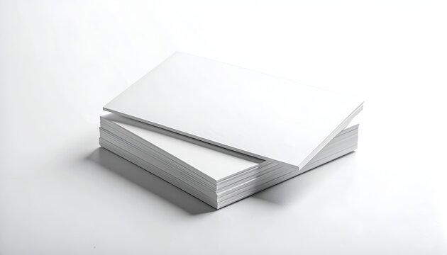A tall neat stack of white blank paper sheets lying horizontally on a bright seamless studio background