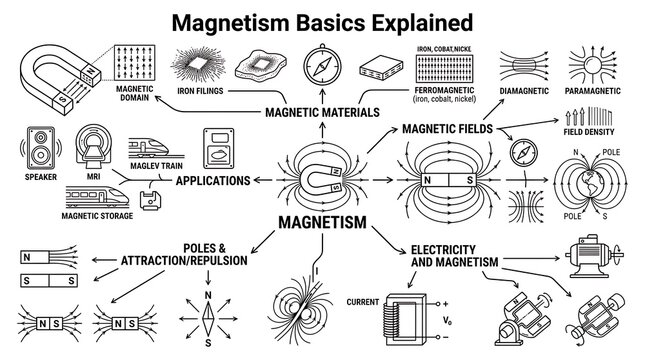 Comprehensive physics infographic about magnetism principles and uses