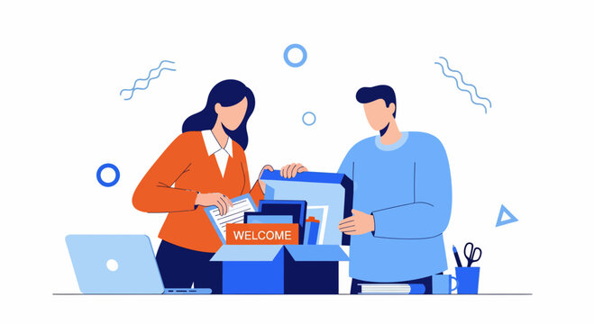 New employees opening welcome kit box together in office during corporate business onboarding and recruitment process