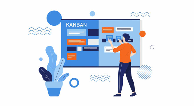 Flat vector illustration of a professional man managing tasks and organizing workflow on a digital kanban board for project management efficiency