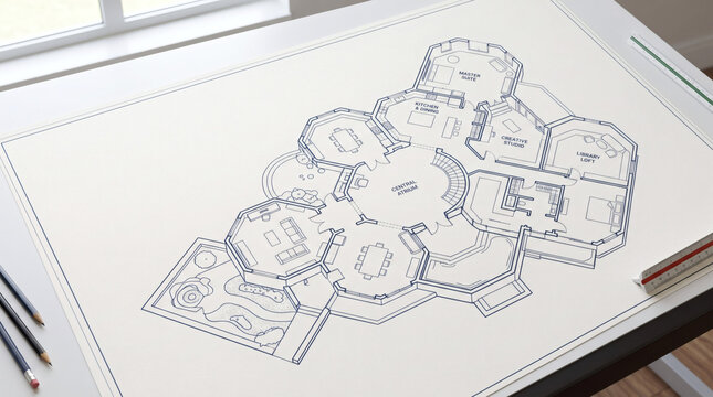 Architectural blueprint of a modern house plan on a drafting table