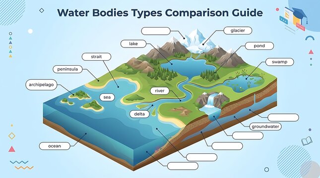 Isometric infographic guide of water body types and landforms