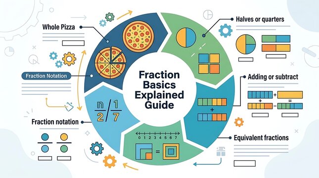 Educational infographic explaining fraction basics using pizza visuals