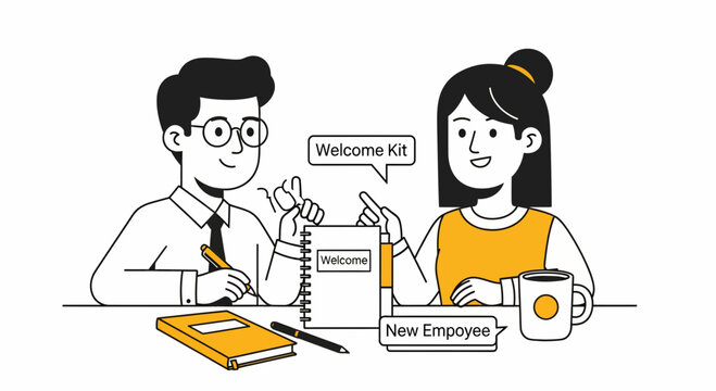 New employee welcome package onboarding session with male and female office staff sitting at desk with notebooks and pens
