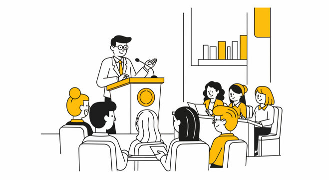 A male professor giving academic lecture to university students in classroom for education learning and knowledge session