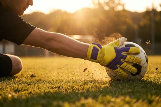 Goalkeeper saving soccer ball with goalie gloves on grassy pitch field