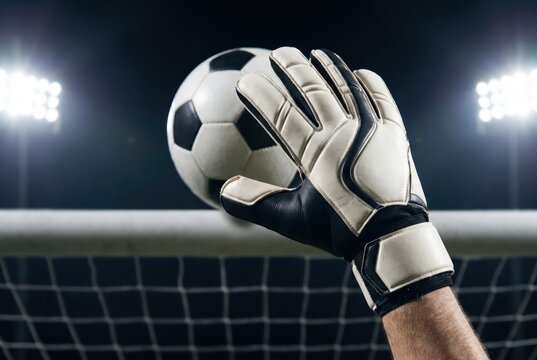 Goalkeeper catching soccer ball in goal stadium night match lighting