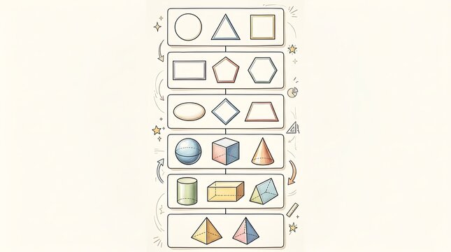 Educational chart of basic geometric shapes in two and three dimensions