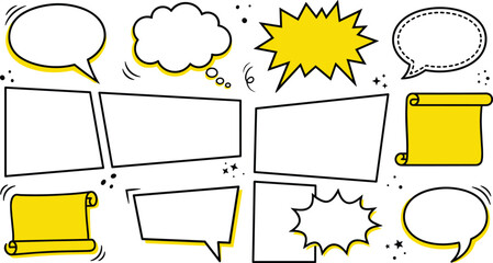 Obraz premium Comic Speech Bubble and Caption Box Vector Collection with Doodle Dialog Balloons, Blank Text Frames, Pop Art Callouts, and Cartoon Message Elements