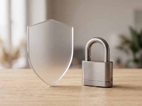 Frosted glass shield emblem next to a brushed metallic padlock, representing cybersecurity, risk management, and data protection