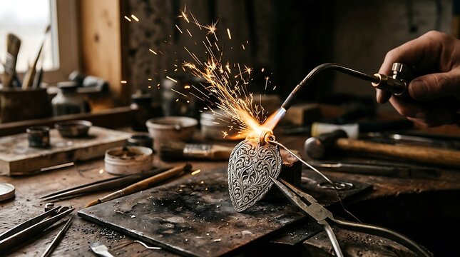 Jeweler soldering silver pendant with blowtorch in workshop