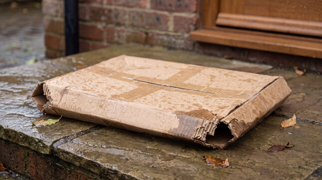 Damaged cardboard package left on a wet doorstep in the rain, illustrating poor delivery service and lost goods