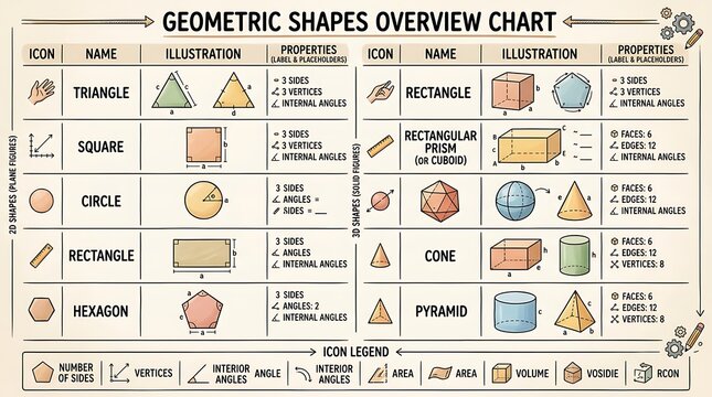 Geometric shapes overview chart showing plane and solid figures